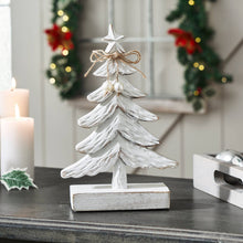 Load image into Gallery viewer, Festive Fir Distressed White Wooden Tree Small 9.5x6x2.25