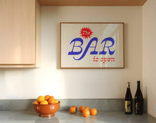 Load image into Gallery viewer, The Bar is Open Print. Funky Kitchen Art, Colorful Bar Cart