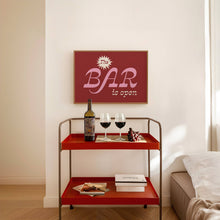 Load image into Gallery viewer, The Bar is Open Print. Funky Kitchen Art, Colorful Bar Cart